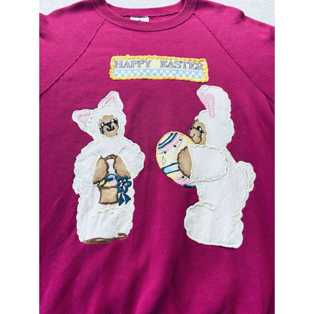 VTG 90s Lee Easter Sweatshirt Large Magenta Pink Bunny Puff Paint Applique USA